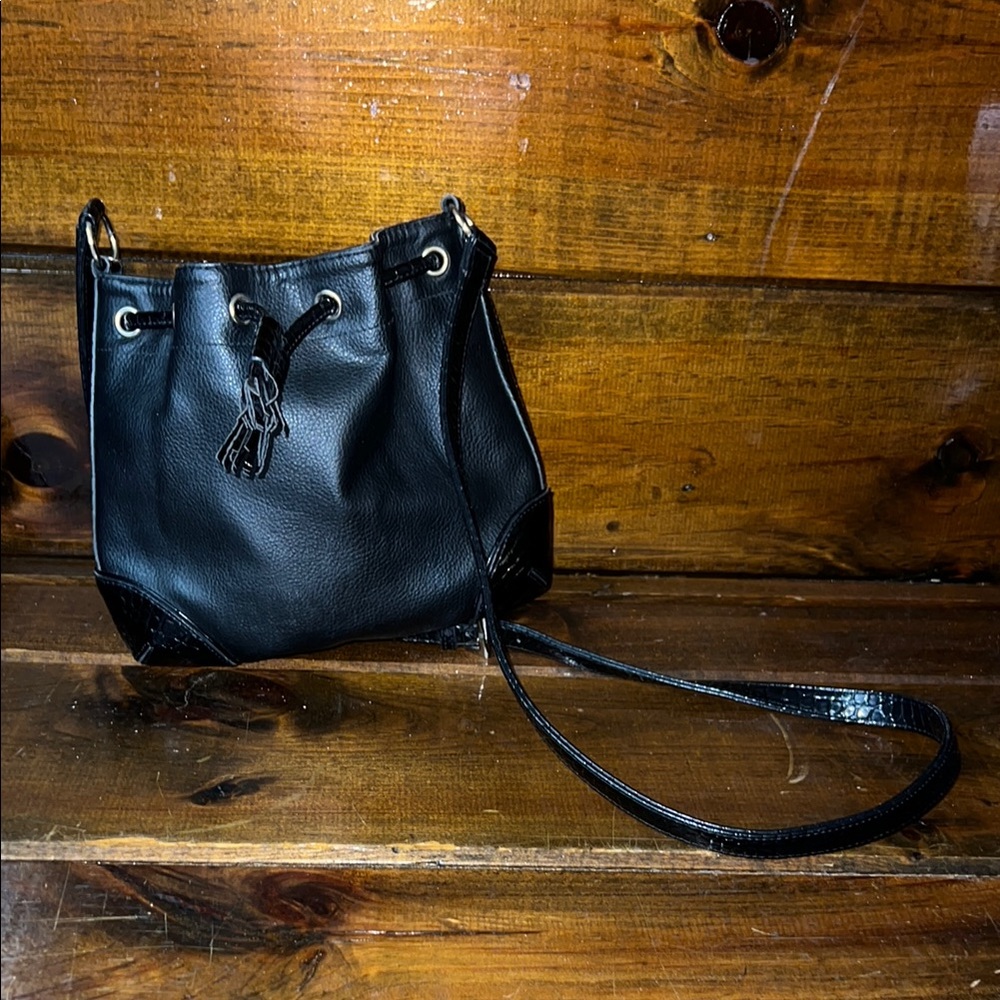 Liz Claiborne Small Faux Leather Black‎ Drawstring Bag- OS